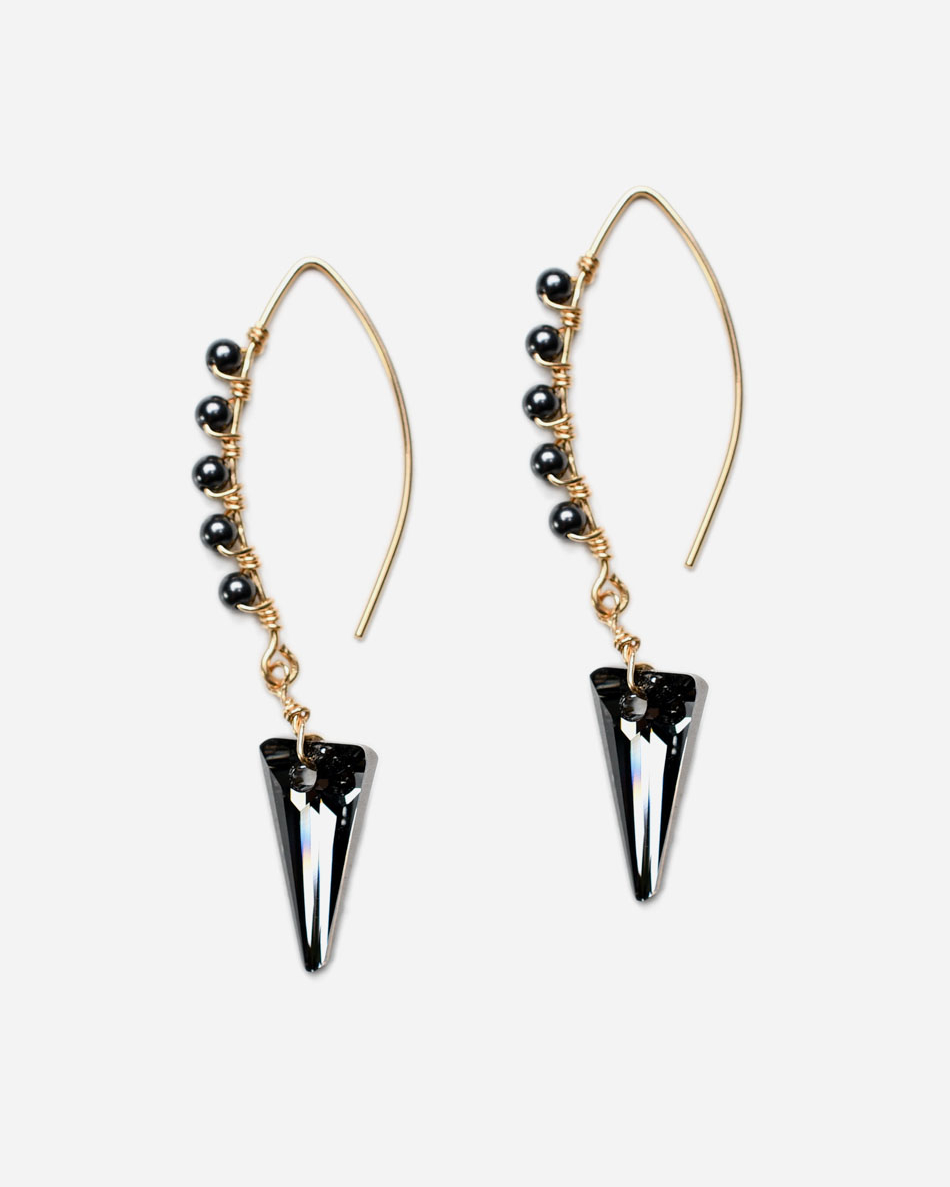 14k gold filled drop earrings with black crystals and pearls