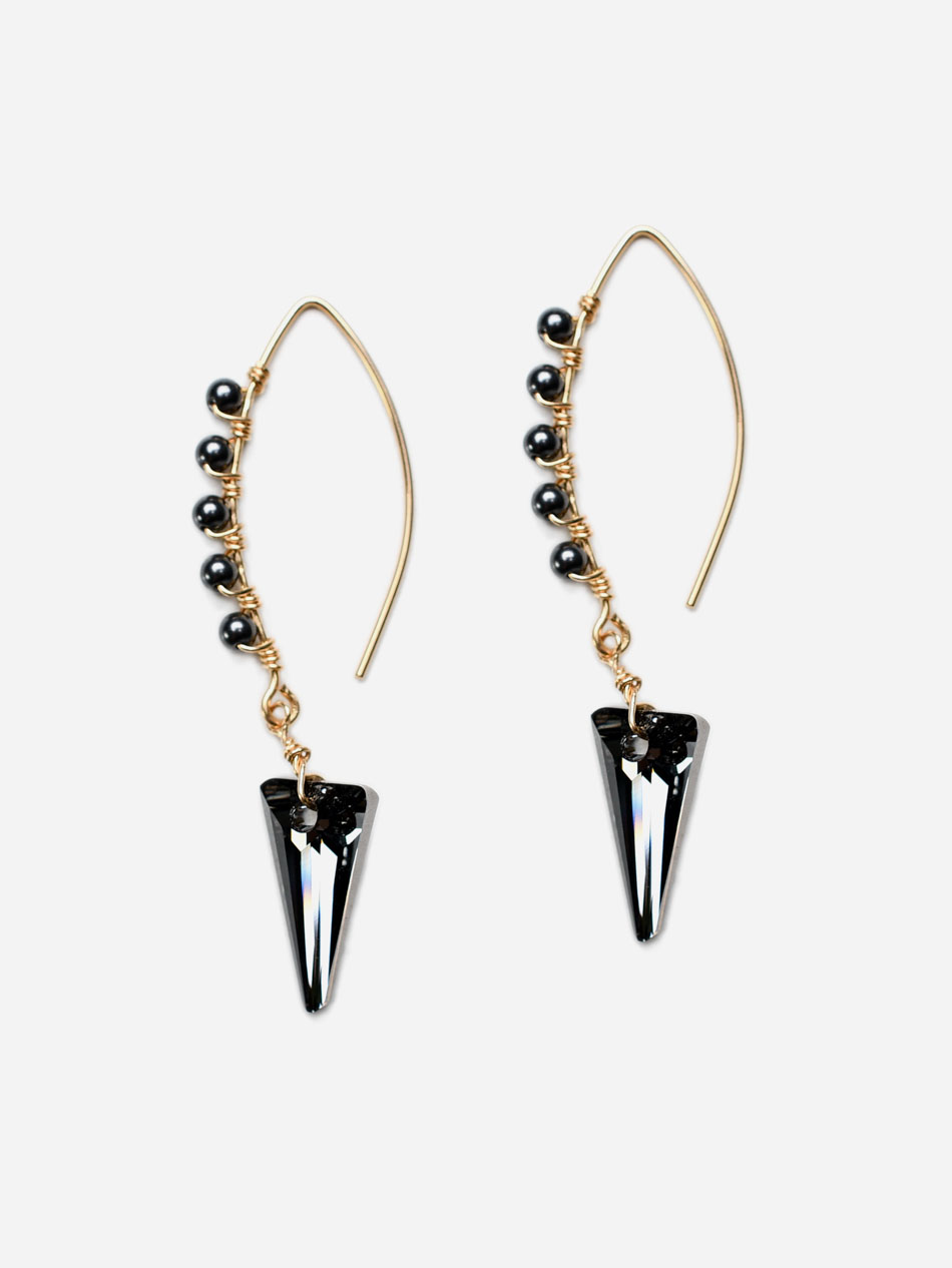 14k gold filled drop earrings with black crystals and pearls
