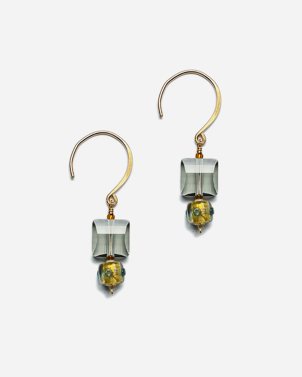 14k gold filled drop earrings with gray square crystals and handmade glass beads