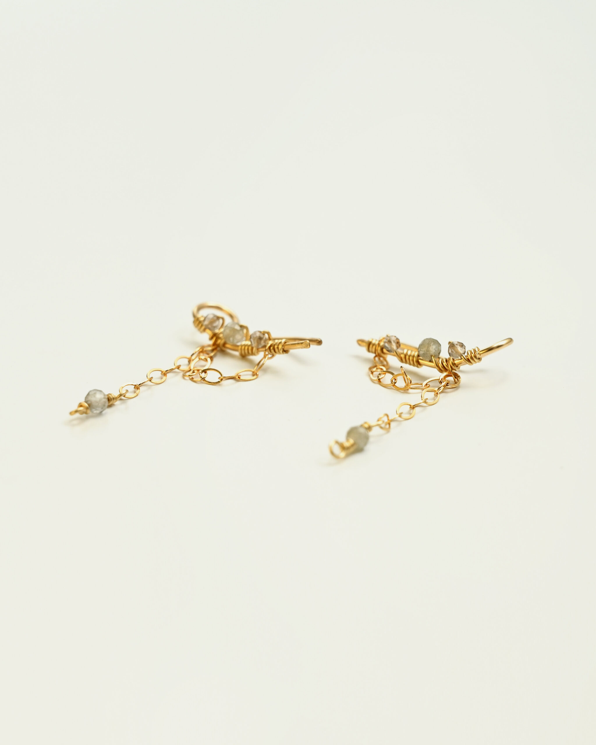 14k gold filled fine earrings with labradorite and smoky quartz and chains