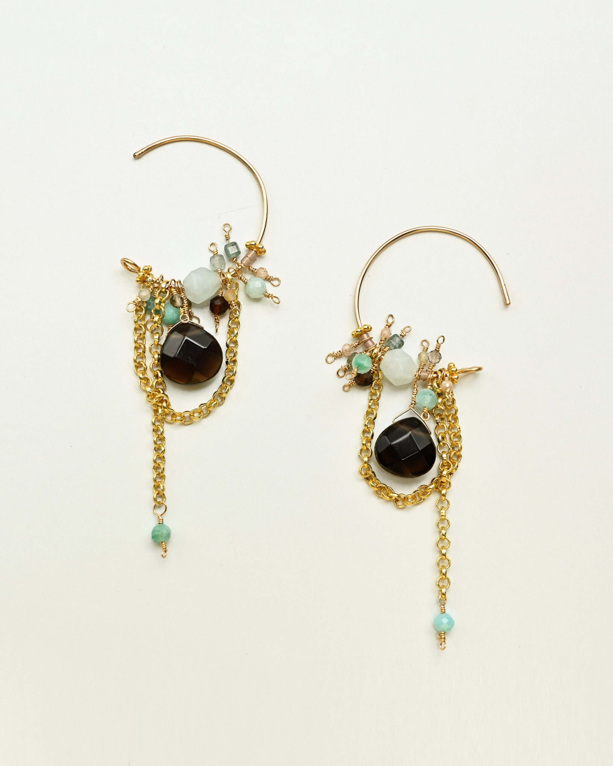 14k gold filled drop earrings with smoky quartz, agate, moonstone, amazonite, fluorite and 18k gold plated chains