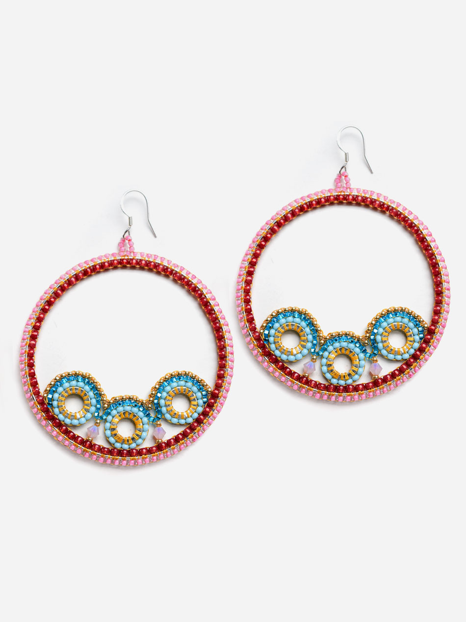 sterling silver hoop beaded earrings with multicolored japanese beads and crystals