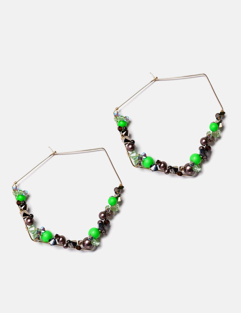 14k gold filled earrings with neon green pearls and colorful crystals