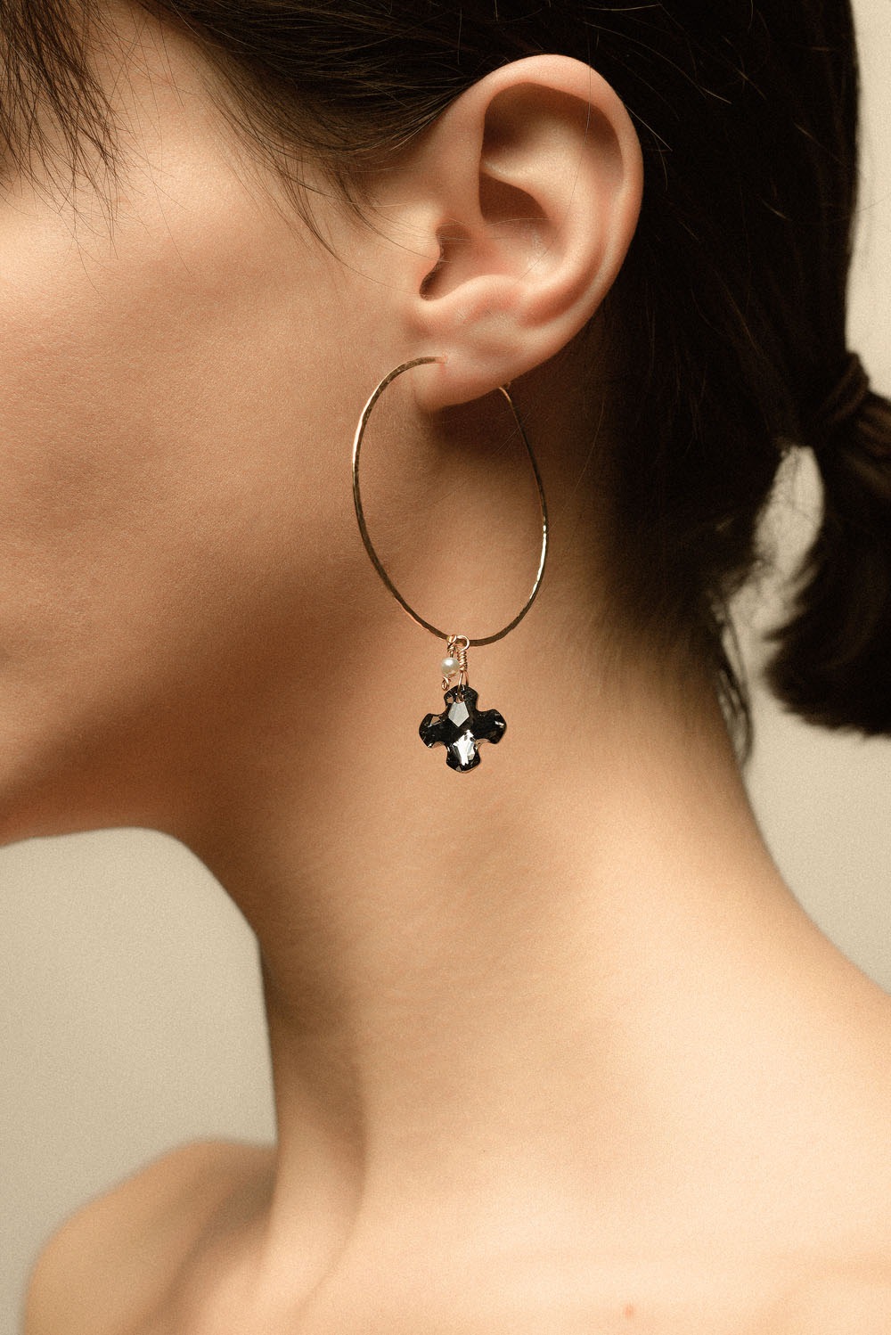 14k gold filled hoop earrings with black cross crystals and white pearls
