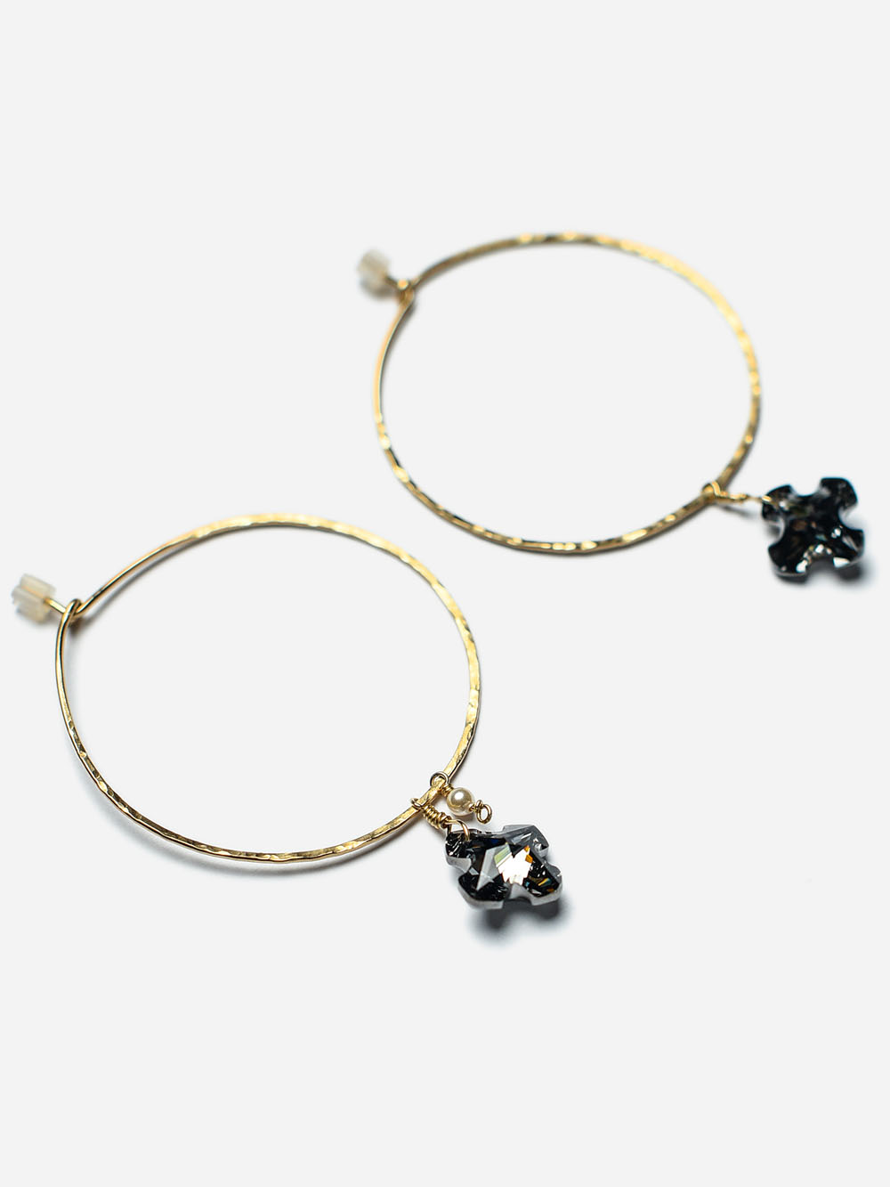 14k gold filled hoop earrings with black cross crystals and white pearls