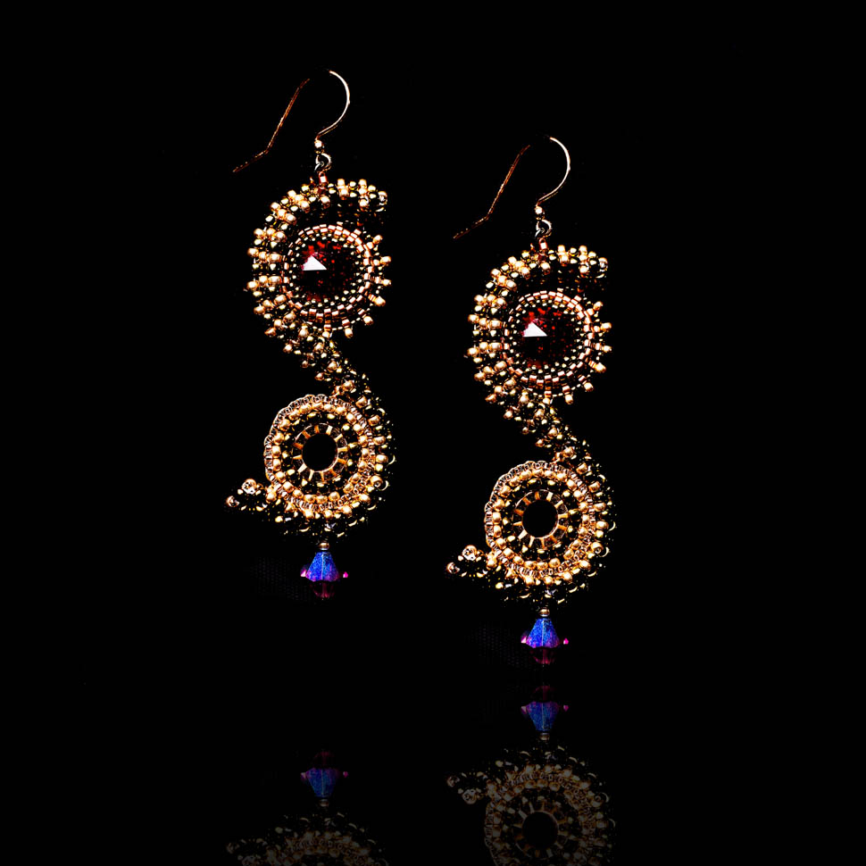 Drop earrings with bronze beads and colorful crystals