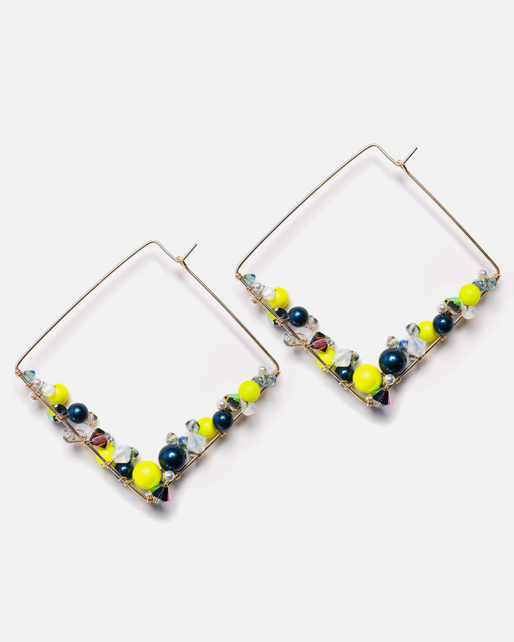 14k gold filled earrings with neon yellow pearls and colorful crystals