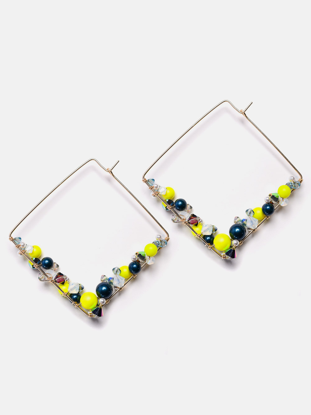 14k gold filled earrings with neon yellow pearls and colorful crystals