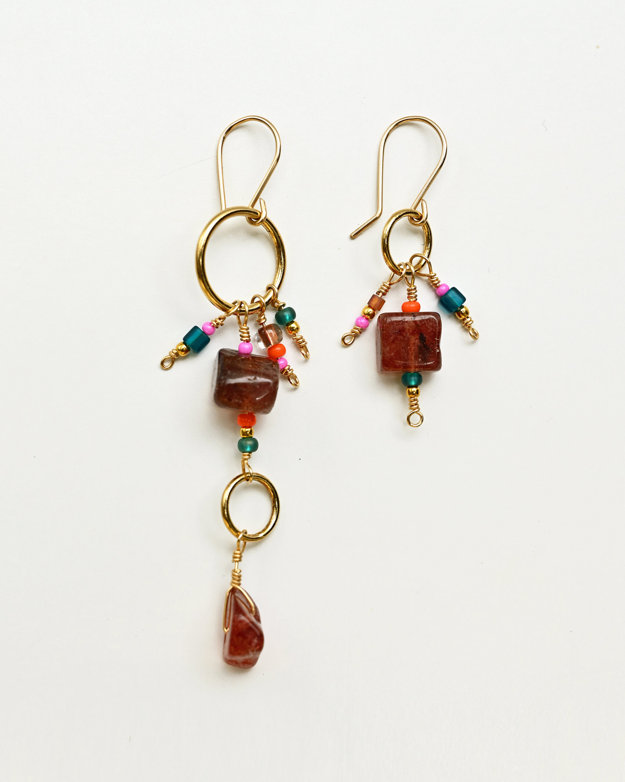 14k gold filled drop earrings with raspberry quartz gemstone, japanese beads and 18k gold plated sterling silver elements
