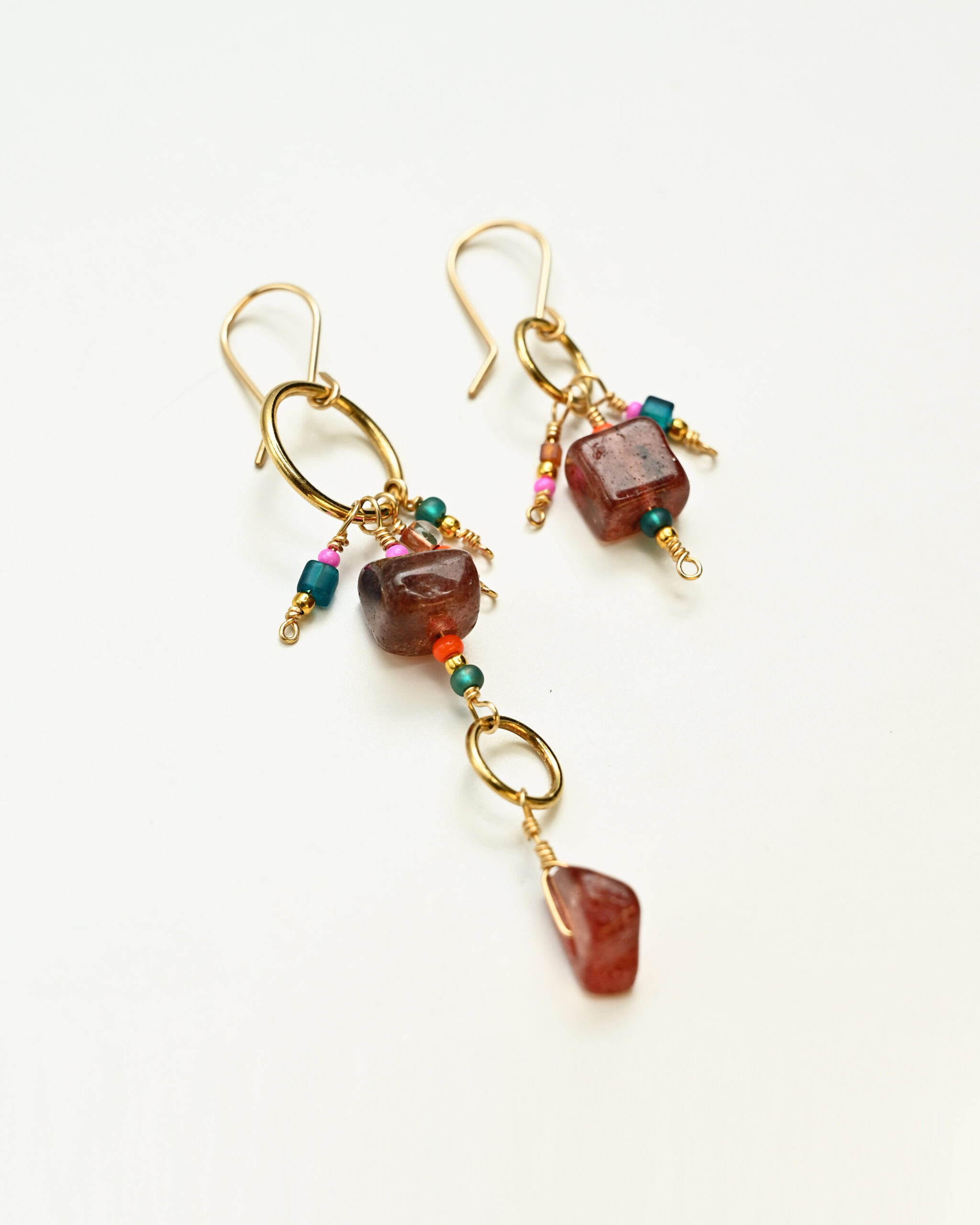 14k gold filled drop earrings with raspberry quartz gemstone, japanese beads and 18k gold plated sterling silver elements