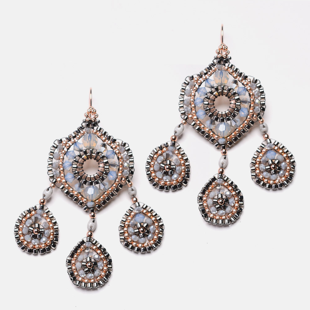 rose gold plated 925 sterling silver drop earrings with gray crystals and japanese beads