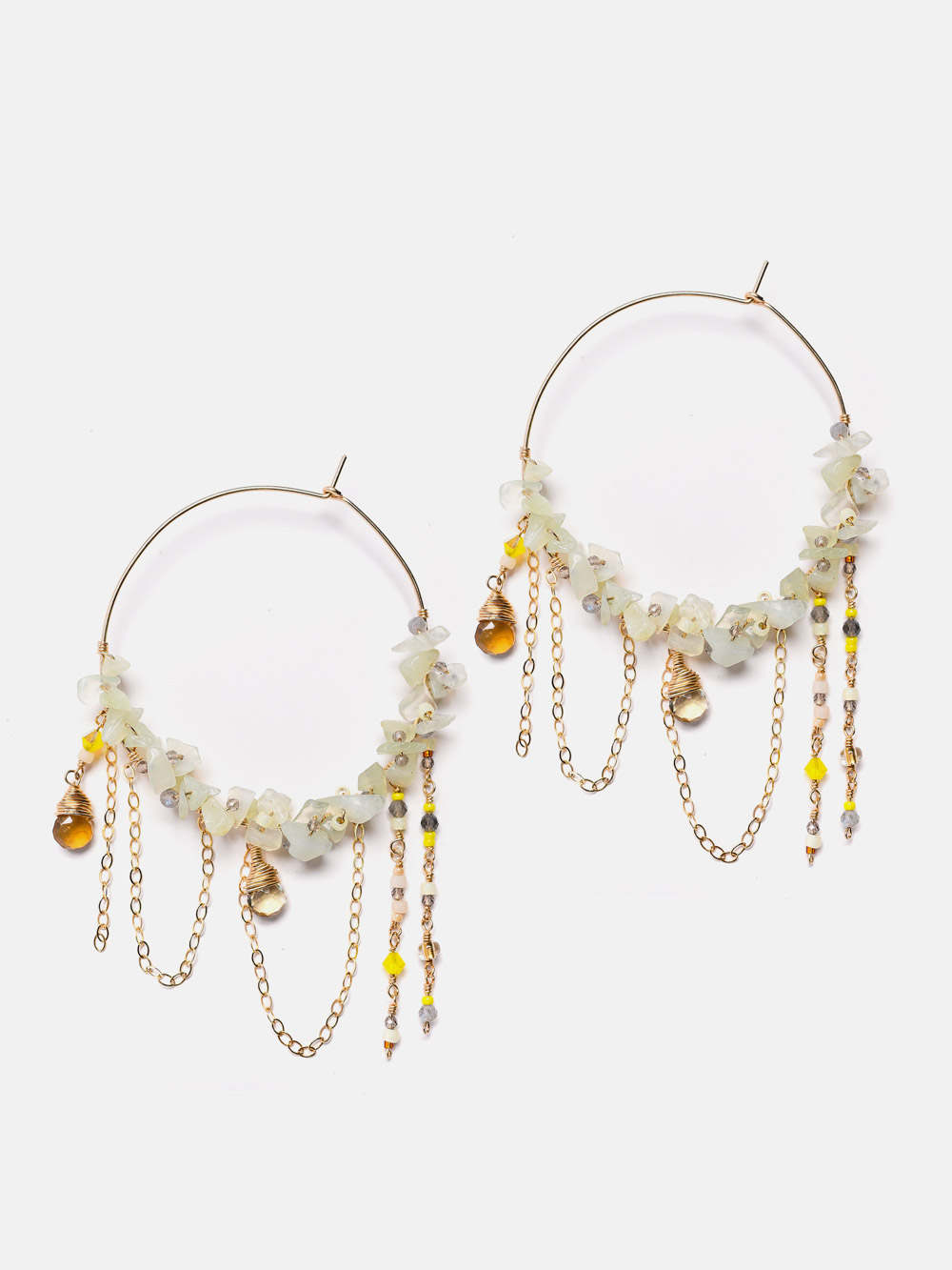 14k gold filled hoop earrings with gemstones and chains