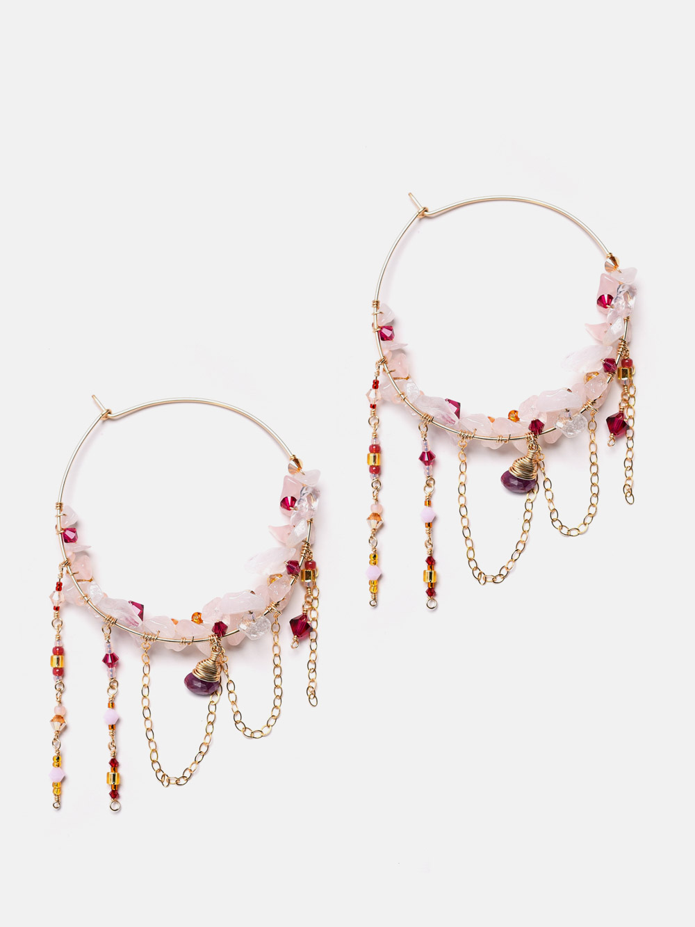 14k gold filled hoop earrings with gemstones and chains